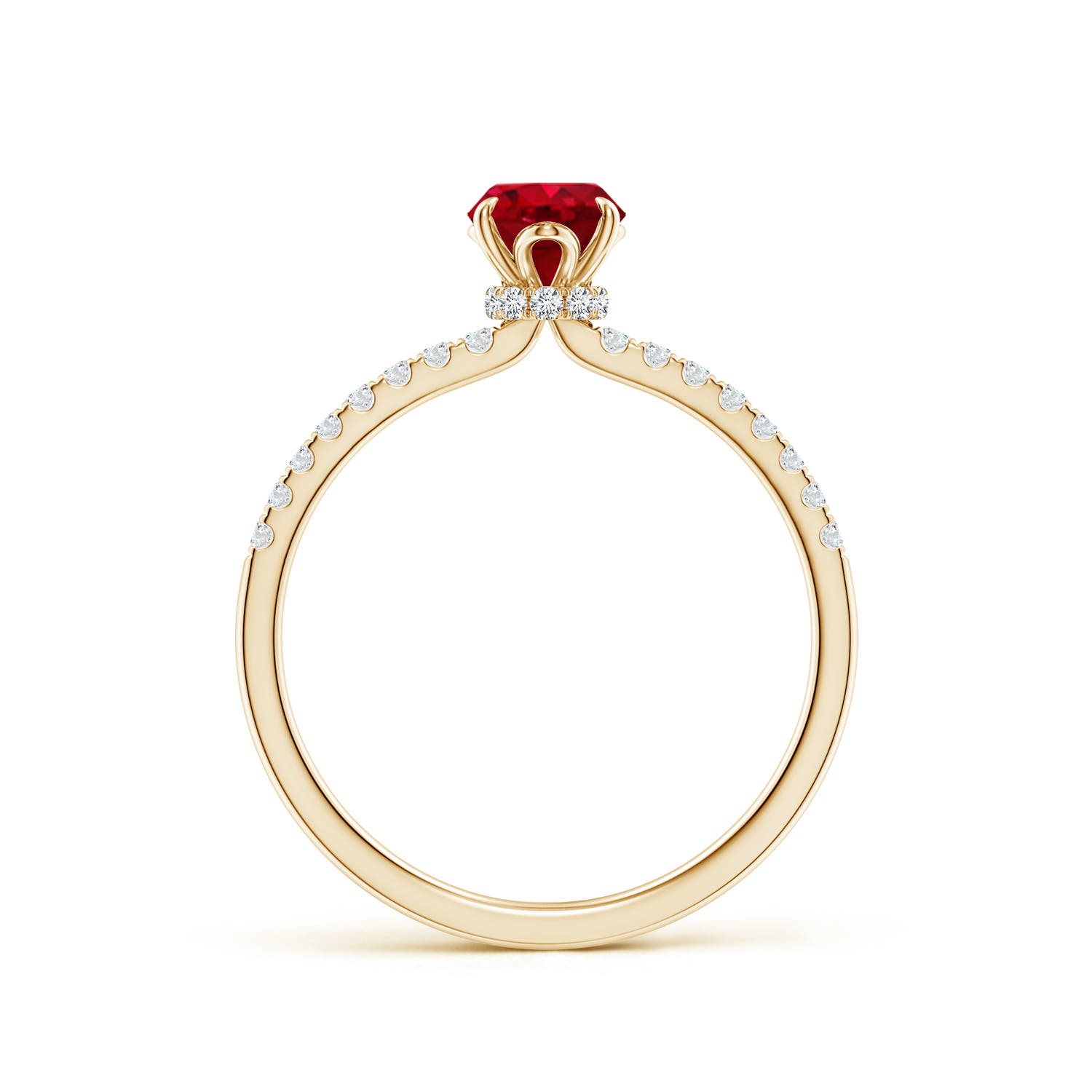 7x5mm AAA Oval Ruby Hidden Halo Engagement Ring in 18K Yellow Gold