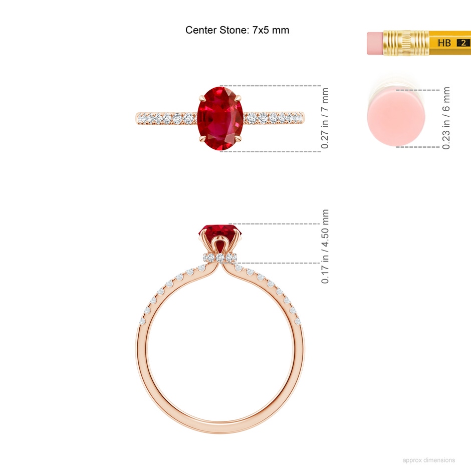 7x5mm AAA Oval Ruby Hidden Halo Engagement Ring in Rose Gold ruler