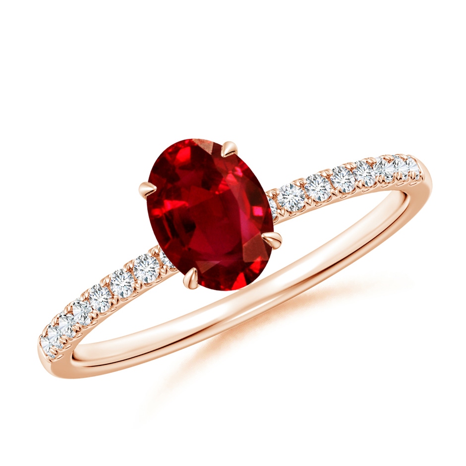 7x5mm AAAA Oval Ruby Hidden Halo Engagement Ring in Rose Gold 