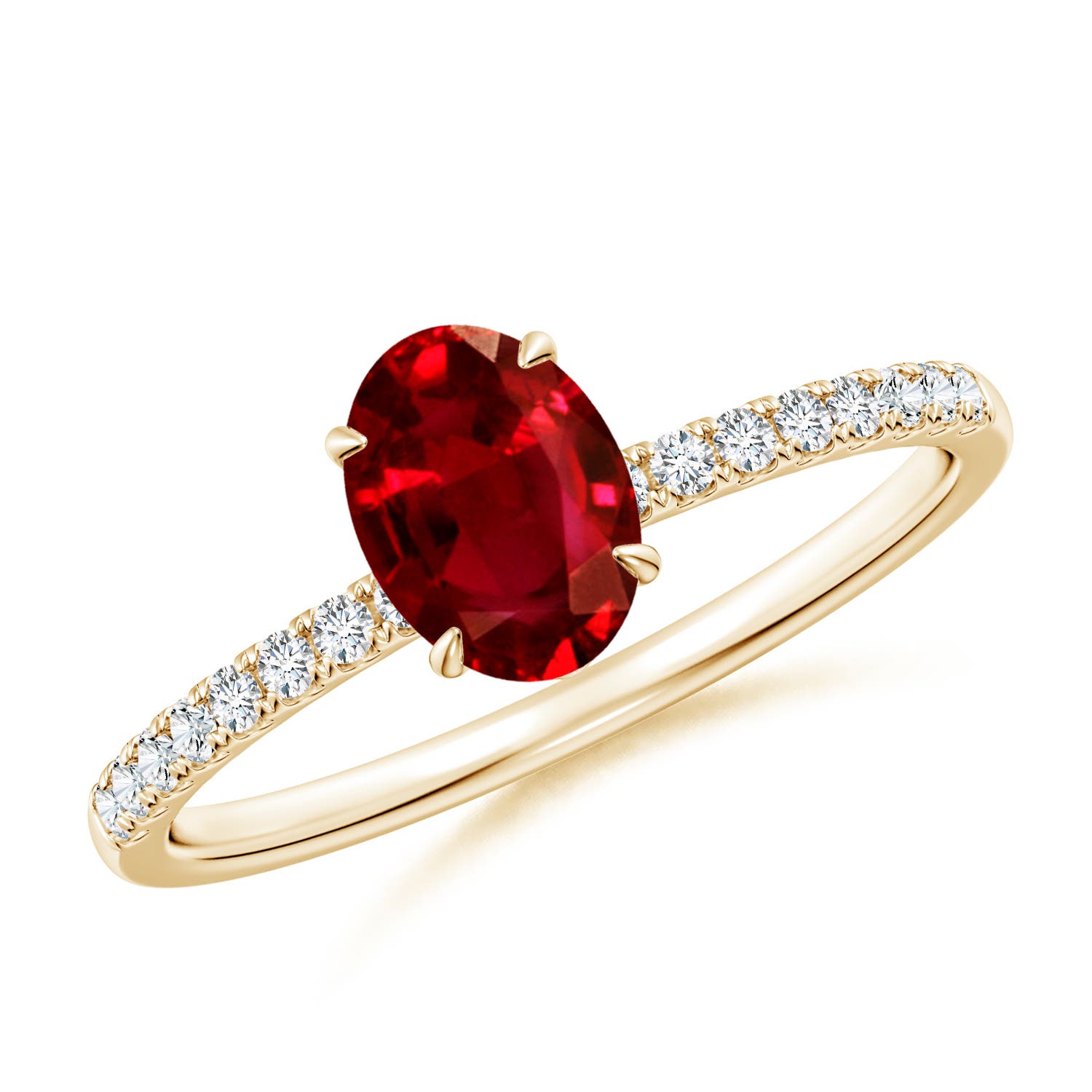 7x5mm AAAA Oval Ruby Hidden Halo Engagement Ring in Yellow Gold