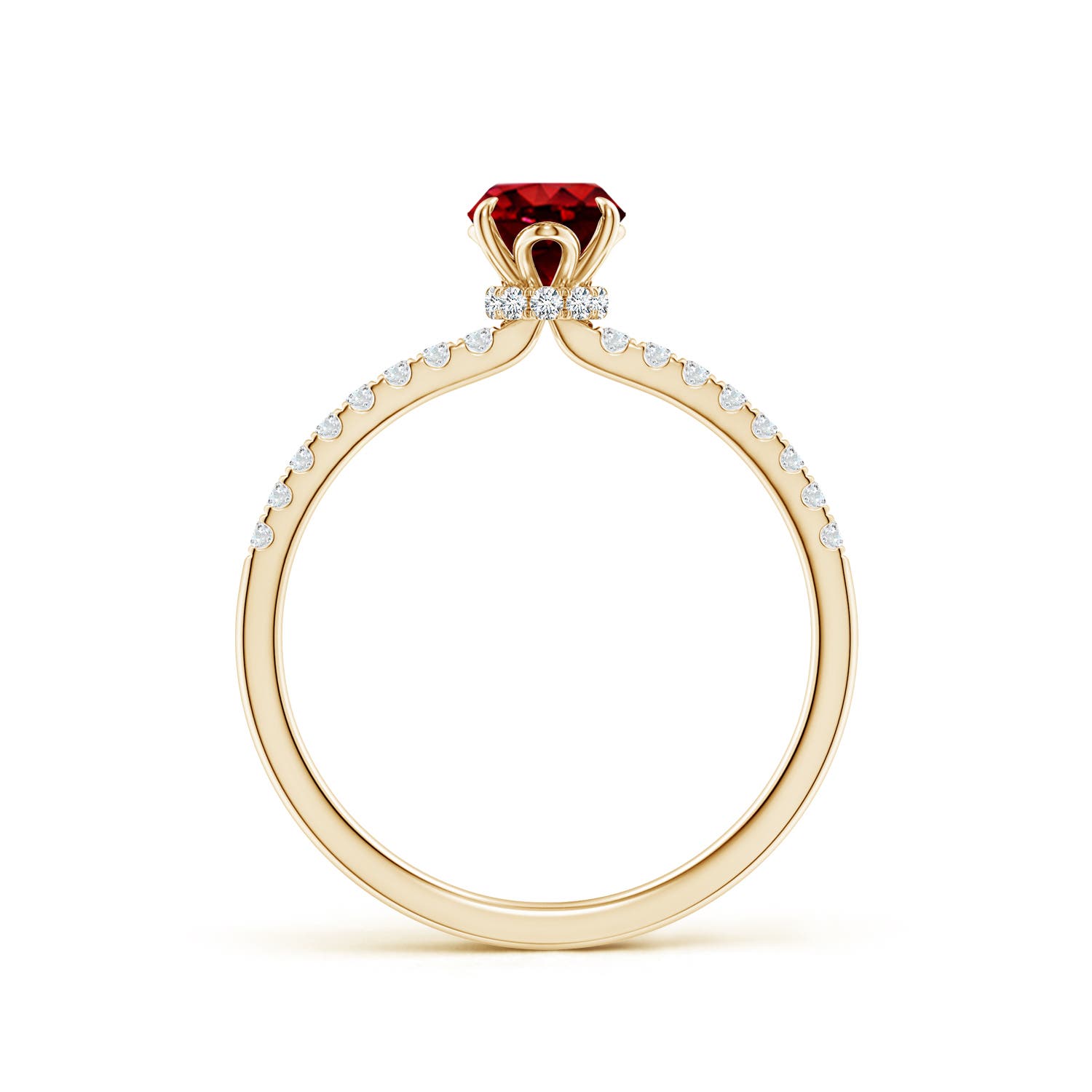 7x5mm AAAA Oval Ruby Hidden Halo Engagement Ring in Yellow Gold