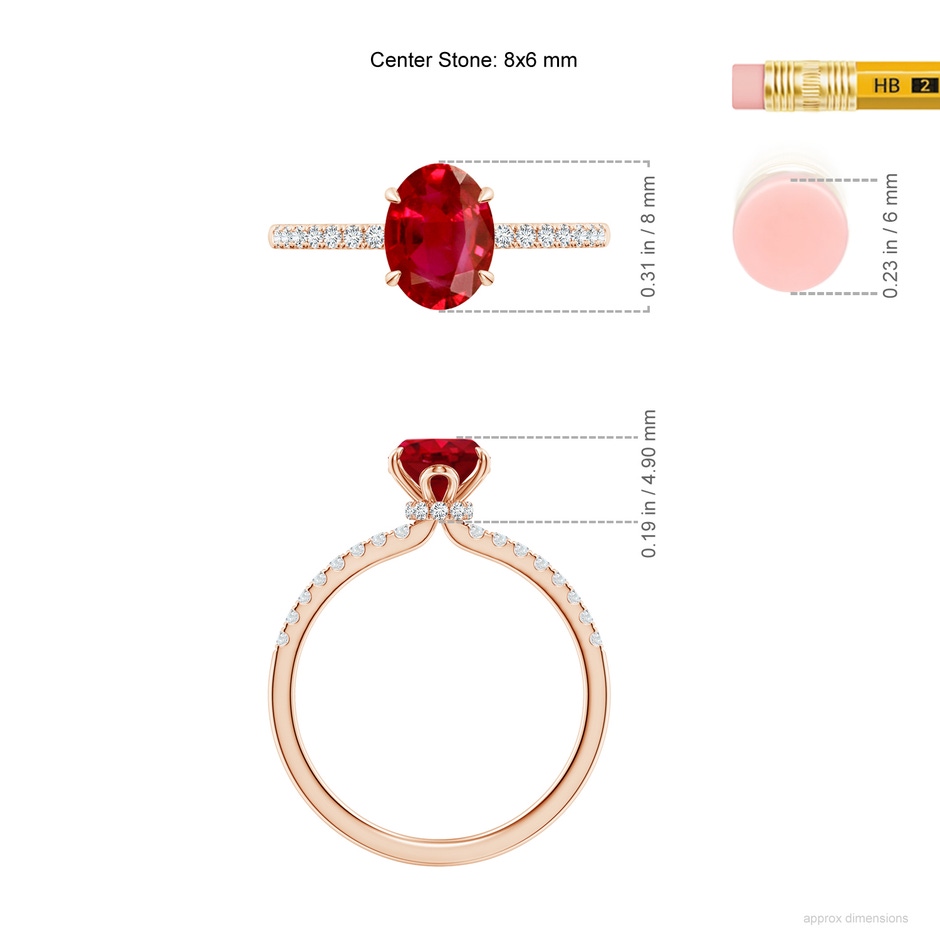 8x6mm AAA Oval Ruby Hidden Halo Engagement Ring in Rose Gold ruler