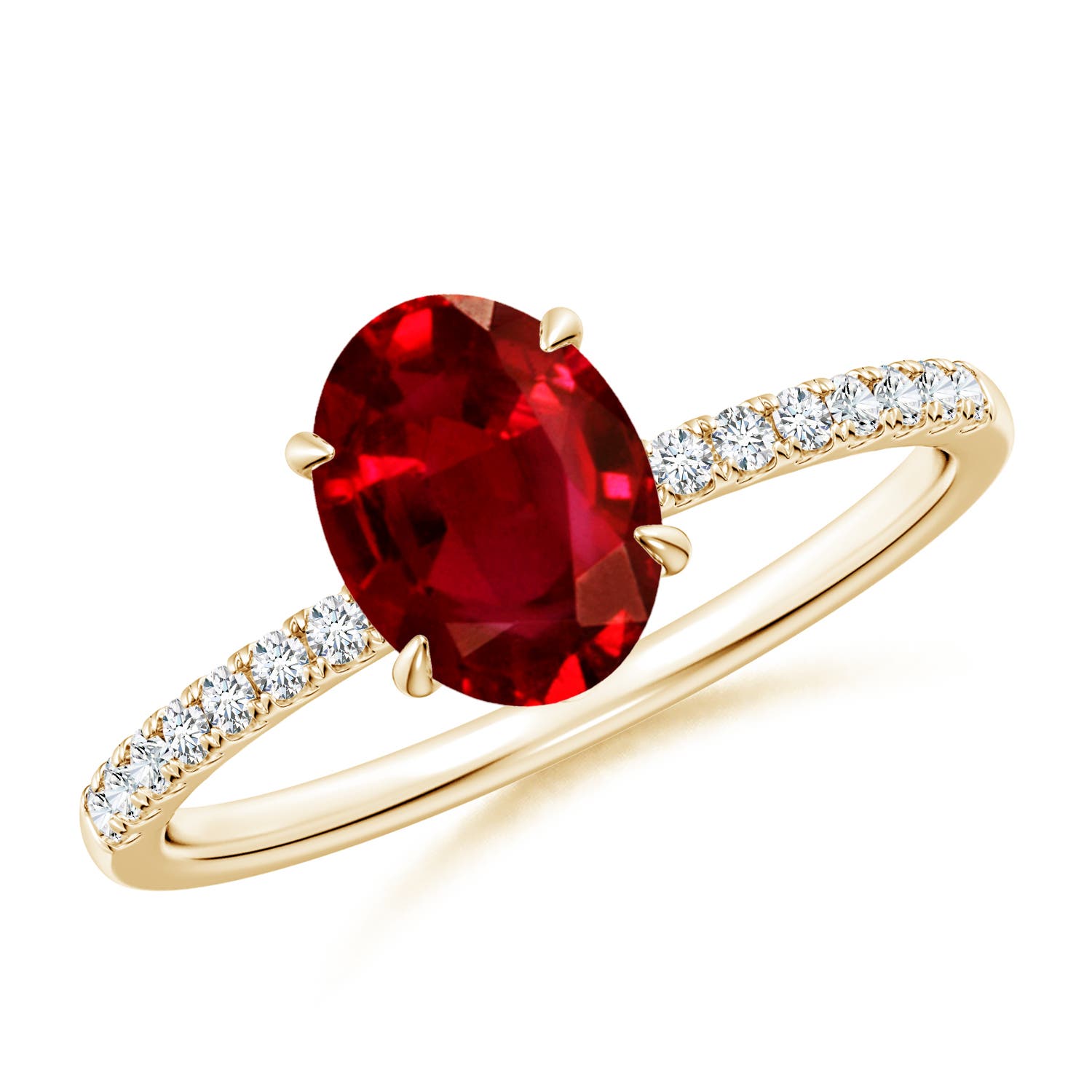 8x6mm AAAA Oval Ruby Hidden Halo Engagement Ring in Yellow Gold