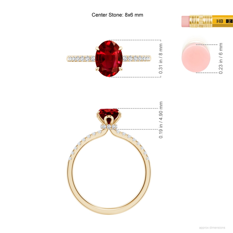 8x6mm AAAA Oval Ruby Hidden Halo Engagement Ring in Yellow Gold ruler