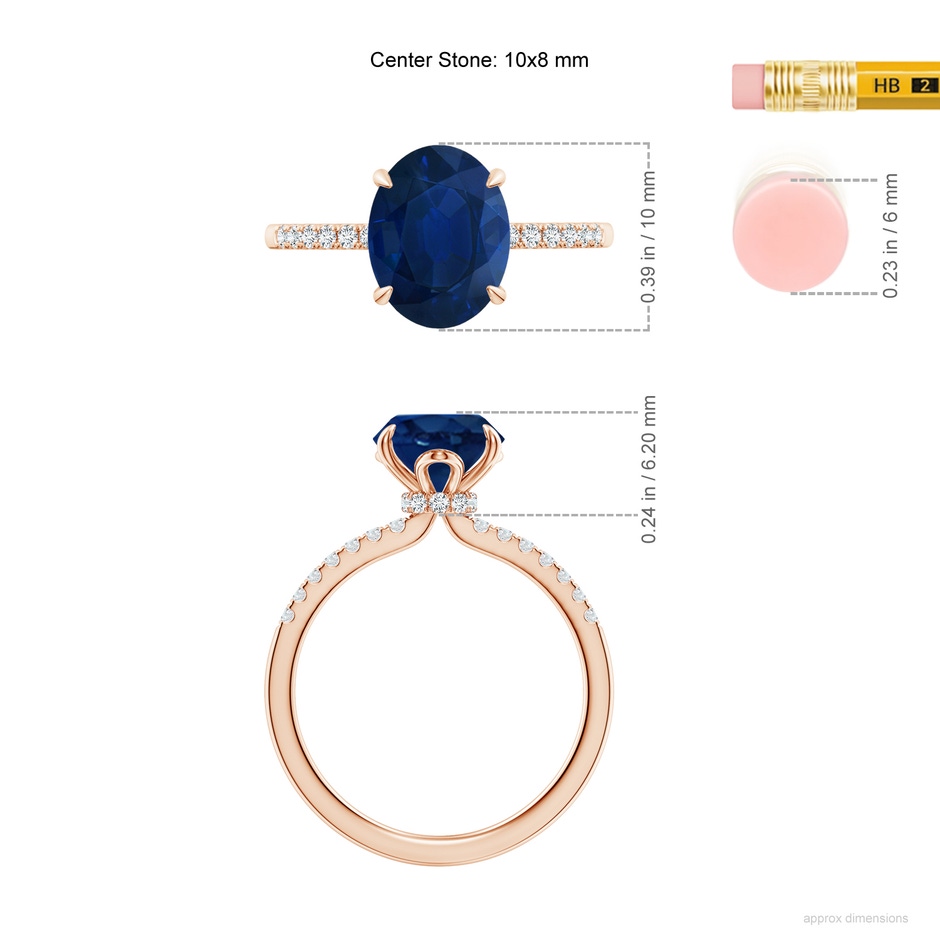 10x8mm AA Oval Blue Sapphire Hidden Halo Engagement Ring in Rose Gold ruler