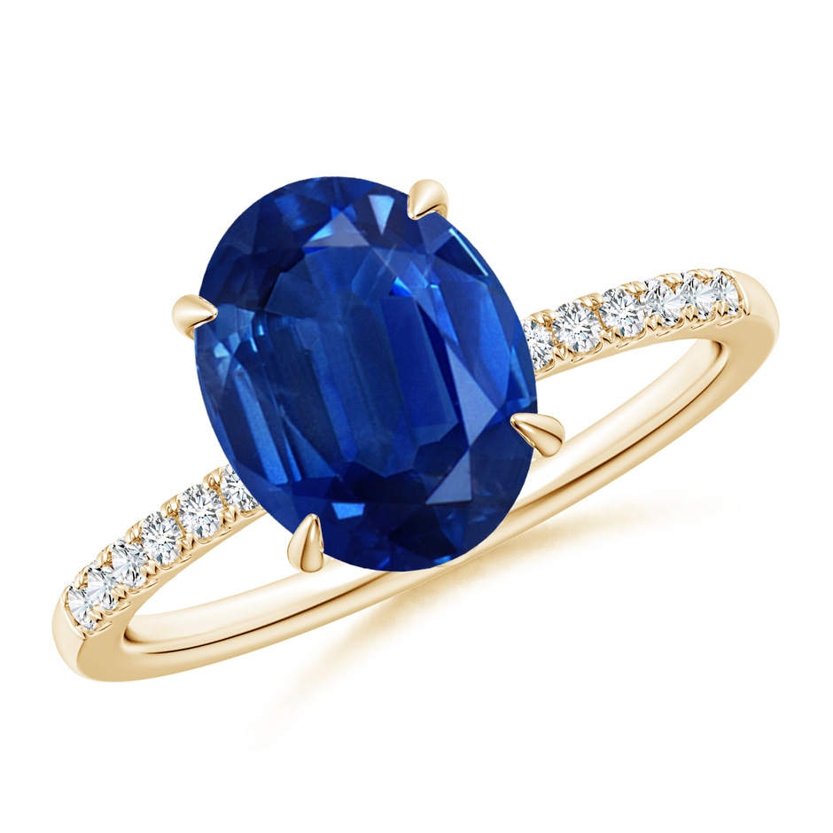 10x8mm AAA Oval Blue Sapphire Hidden Halo Engagement Ring in Yellow Gold 