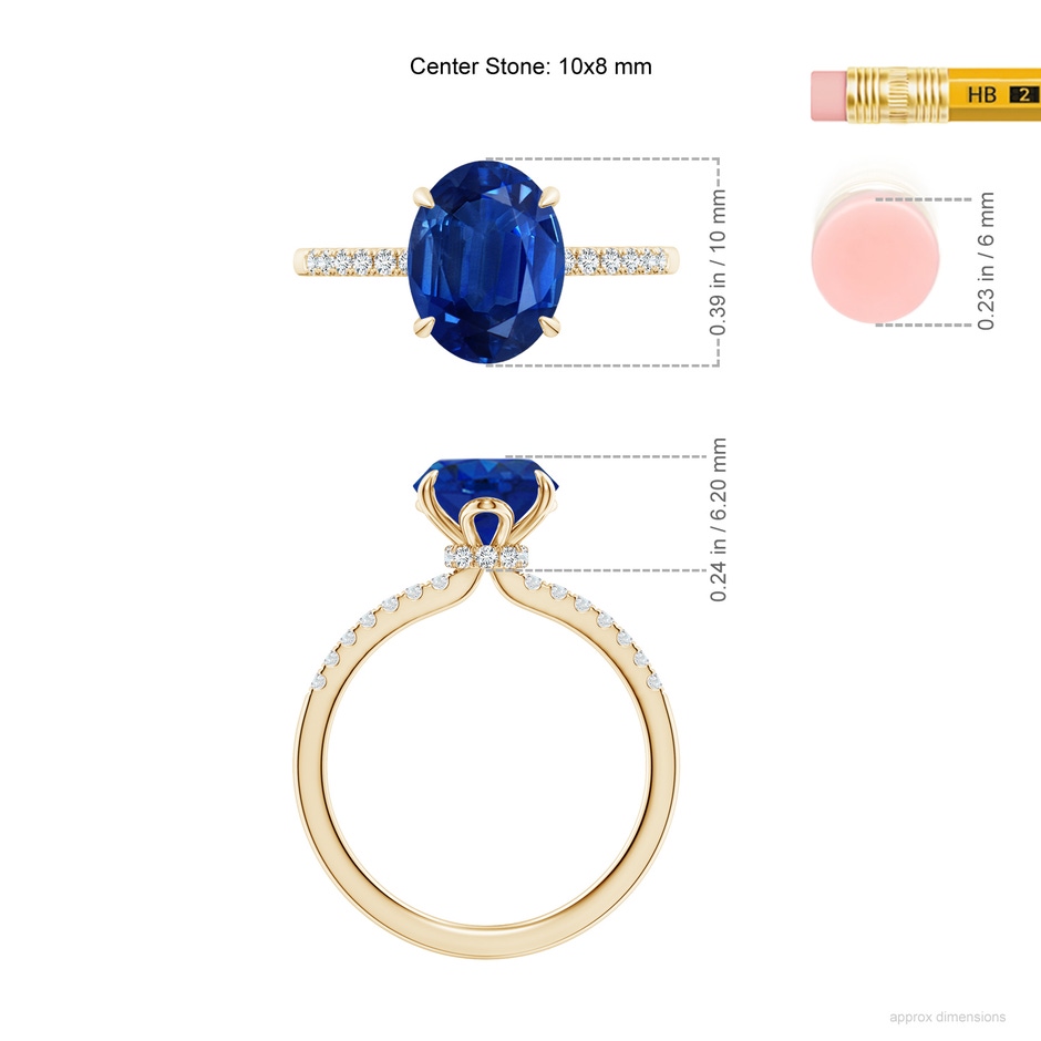 10x8mm AAA Oval Blue Sapphire Hidden Halo Engagement Ring in Yellow Gold ruler