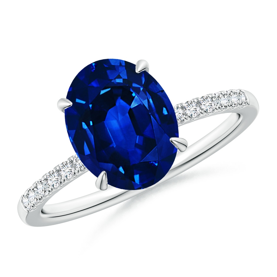 10x8mm Lab-Grown Oval Blue Sapphire Hidden Halo Engagement Ring in 18K White Gold 