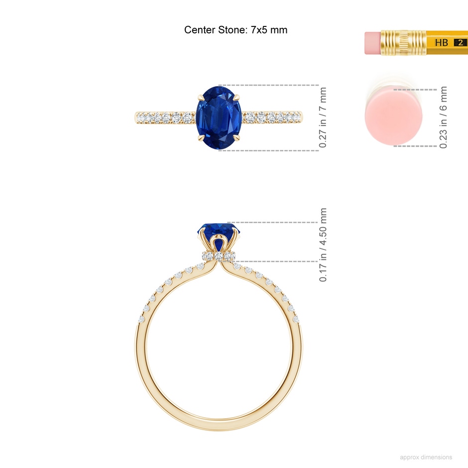 7x5mm AAA Oval Blue Sapphire Hidden Halo Engagement Ring in Yellow Gold ruler