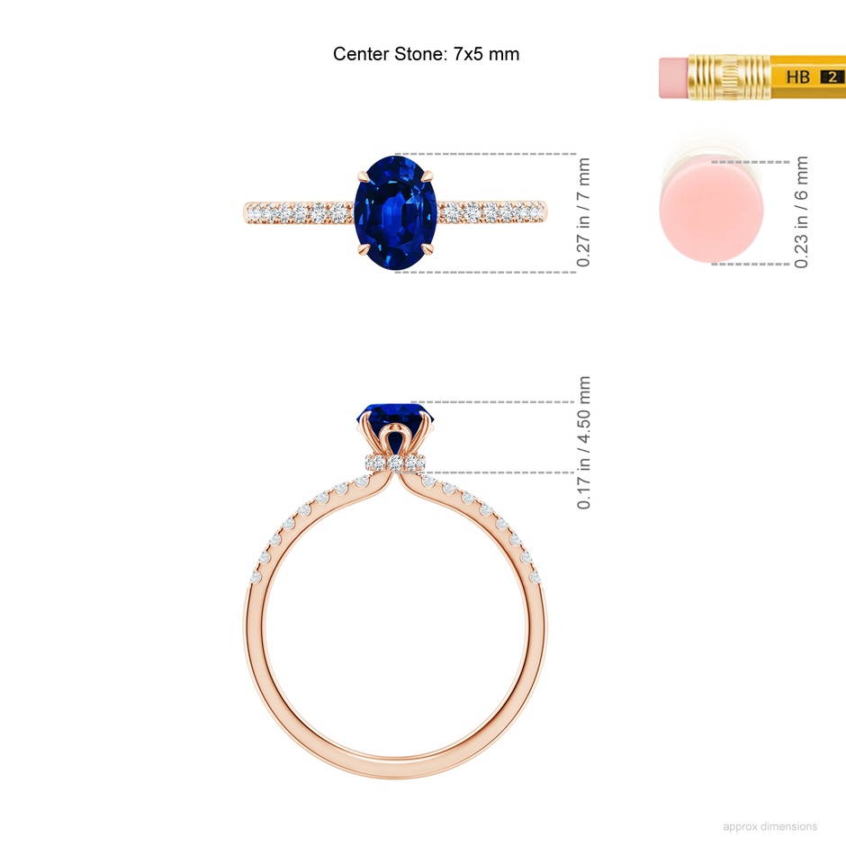 7x5mm AAAA Oval Blue Sapphire Hidden Halo Engagement Ring in Rose Gold ruler