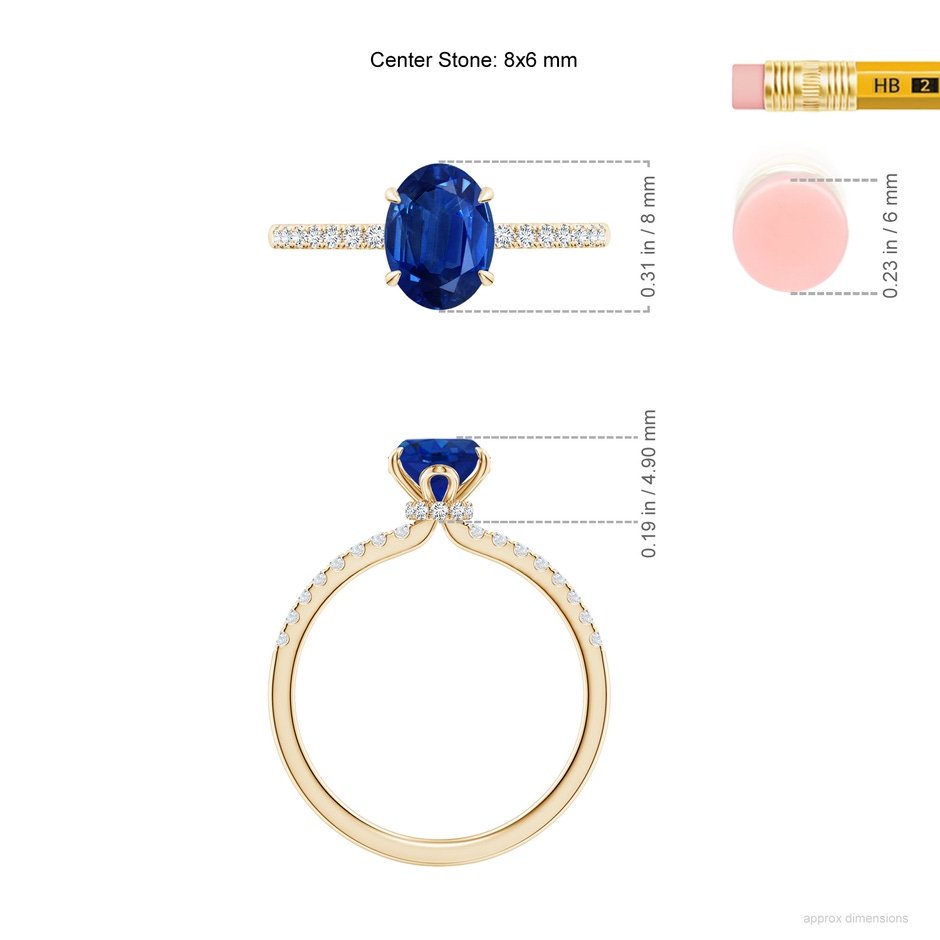 8x6mm AAA Oval Blue Sapphire Hidden Halo Engagement Ring in Yellow Gold ruler