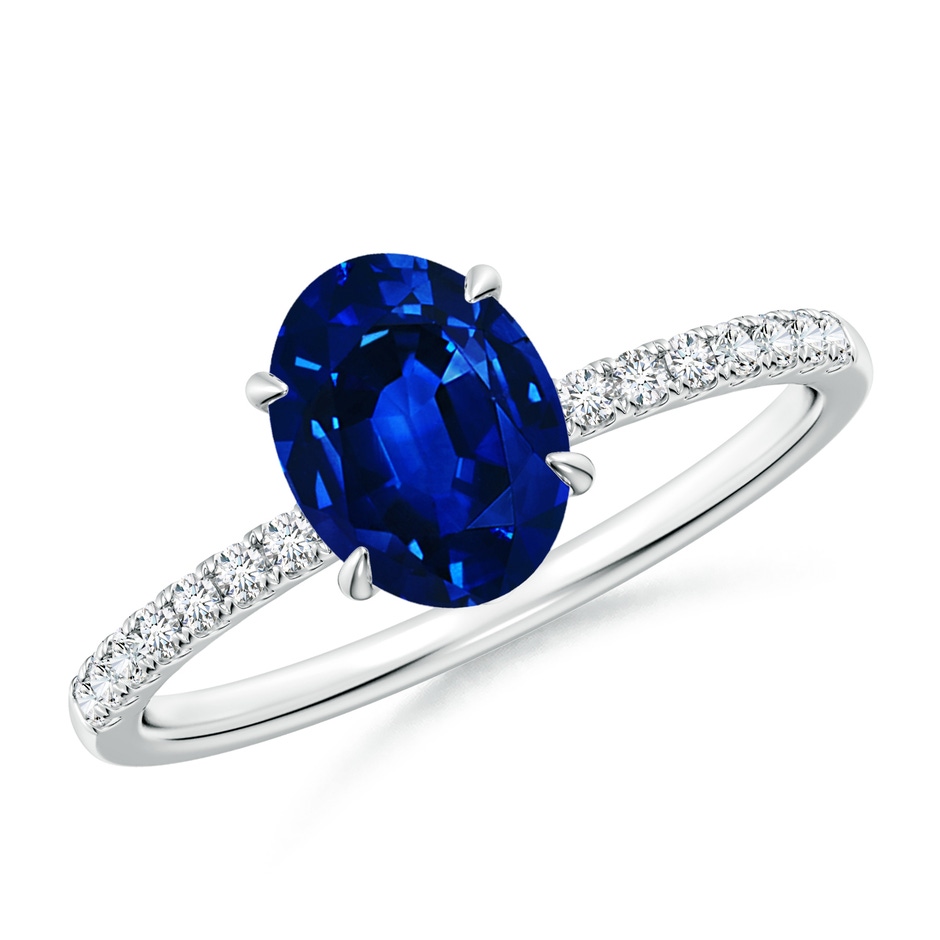 8x6mm AAAA Oval Blue Sapphire Hidden Halo Engagement Ring in White Gold 