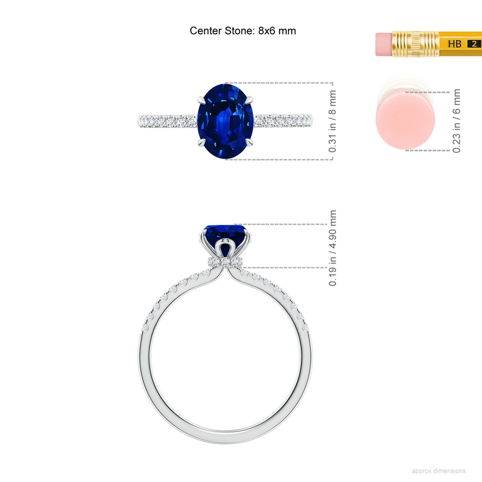 8x6mm AAAA Oval Blue Sapphire Hidden Halo Engagement Ring in White Gold ruler