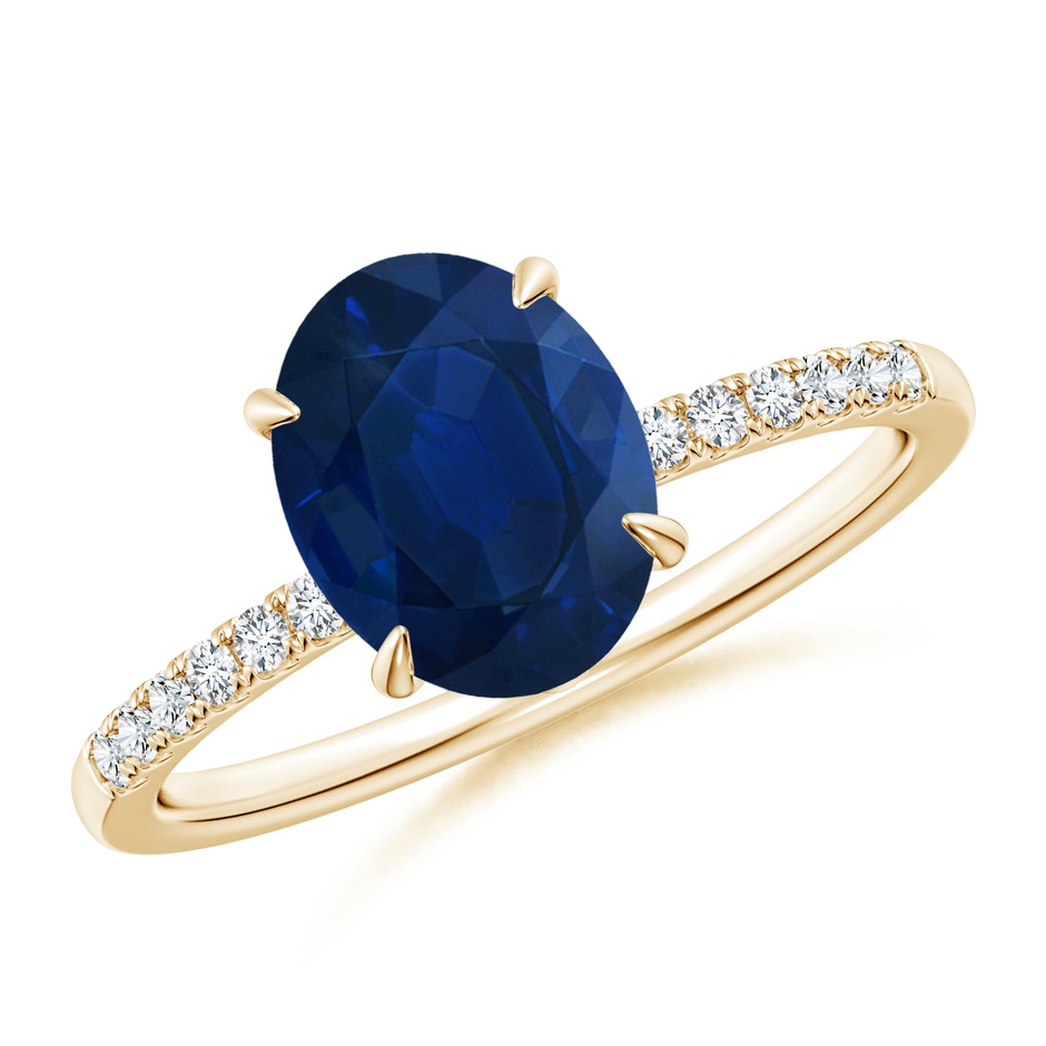 9x7mm AA Oval Blue Sapphire Hidden Halo Engagement Ring in Yellow Gold 