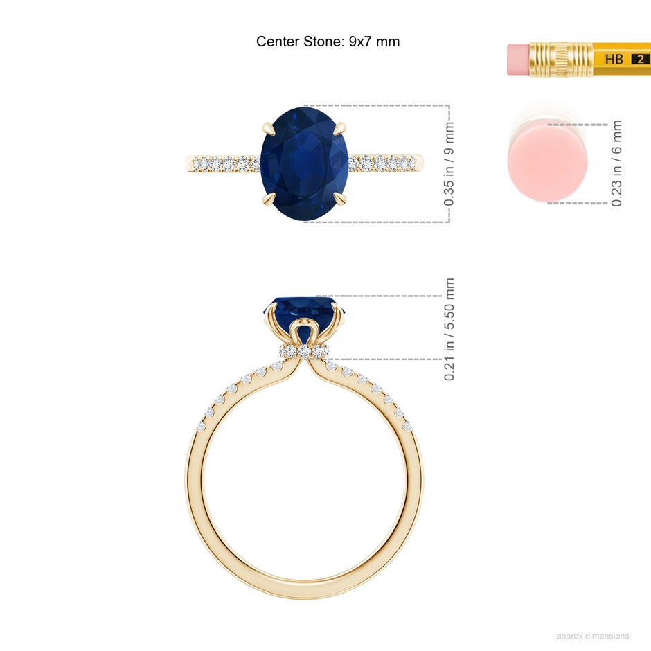 9x7mm AA Oval Blue Sapphire Hidden Halo Engagement Ring in Yellow Gold ruler