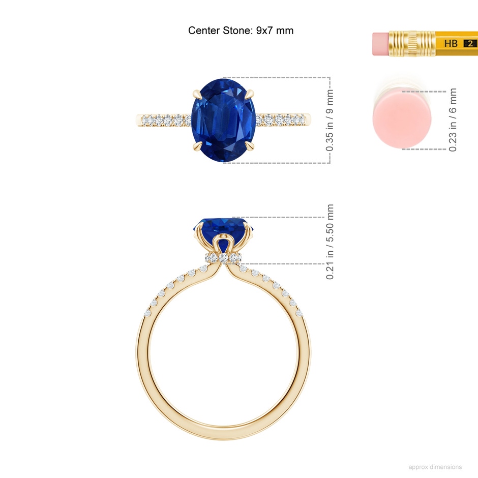 9x7mm AAA Oval Blue Sapphire Hidden Halo Engagement Ring in Yellow Gold ruler