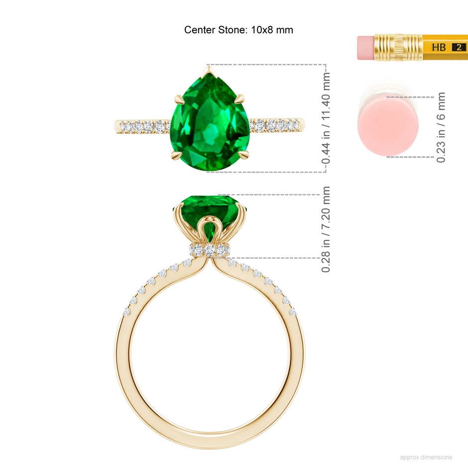 10x8mm AAAA Pear-Shaped Emerald Hidden Halo Engagement Ring in Yellow Gold ruler