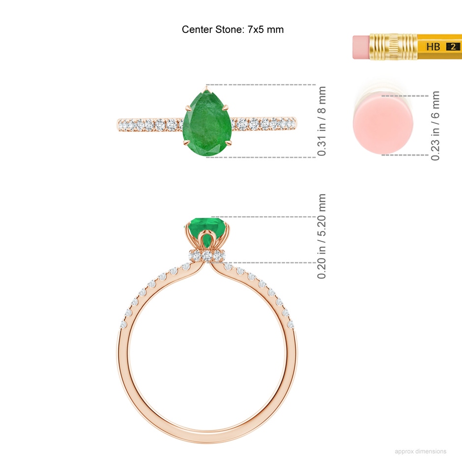 7x5mm A Pear-Shaped Emerald Hidden Halo Engagement Ring in Rose Gold ruler