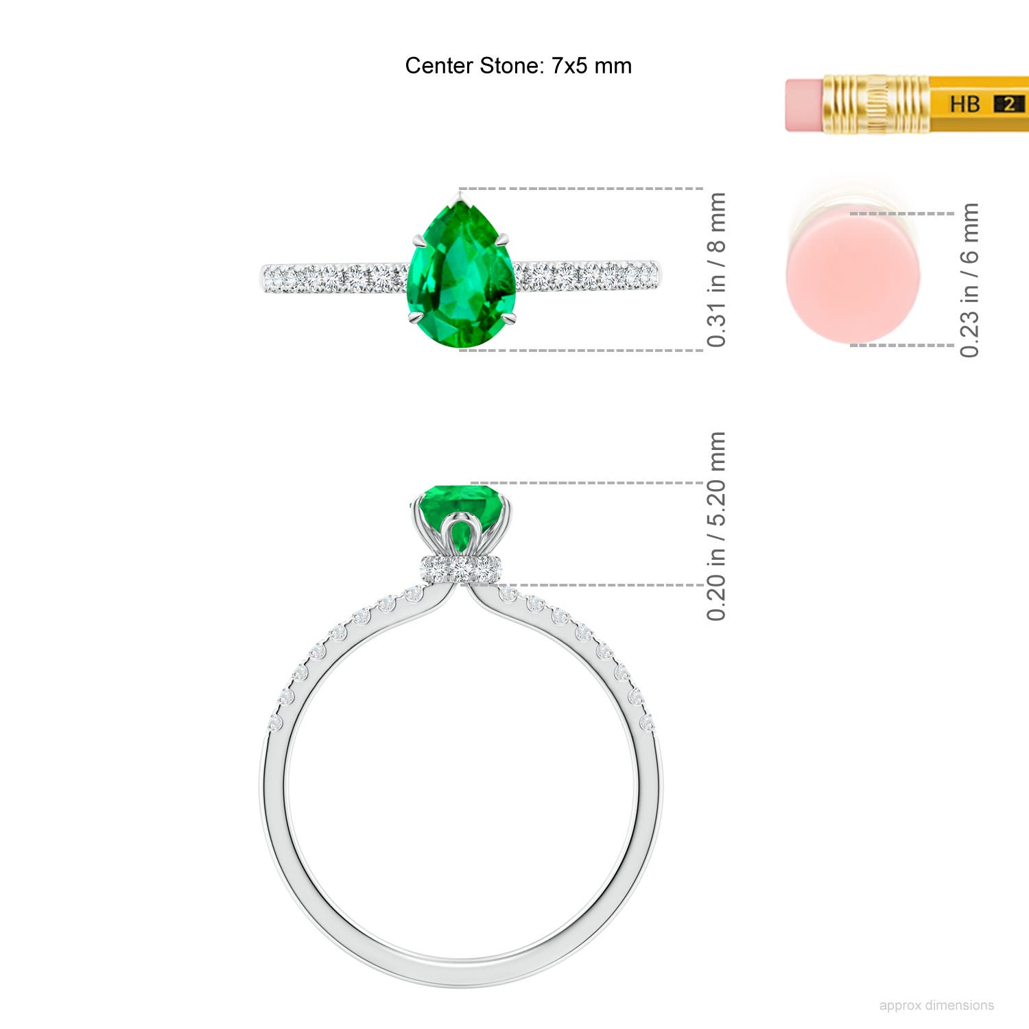 7x5mm AAA Pear-Shaped Emerald Hidden Halo Engagement Ring in 18K White Gold - ruler