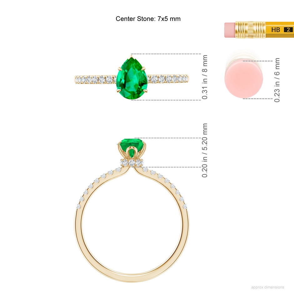 7x5mm AAA Pear-Shaped Emerald Hidden Halo Engagement Ring in Yellow Gold ruler