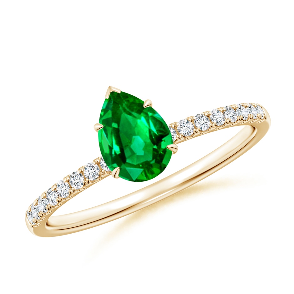 7x5mm AAAA Pear-Shaped Emerald Hidden Halo Engagement Ring in Yellow Gold 