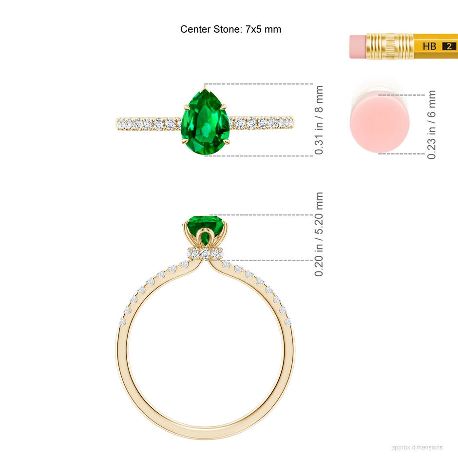 7x5mm AAAA Pear-Shaped Emerald Hidden Halo Engagement Ring in Yellow Gold ruler
