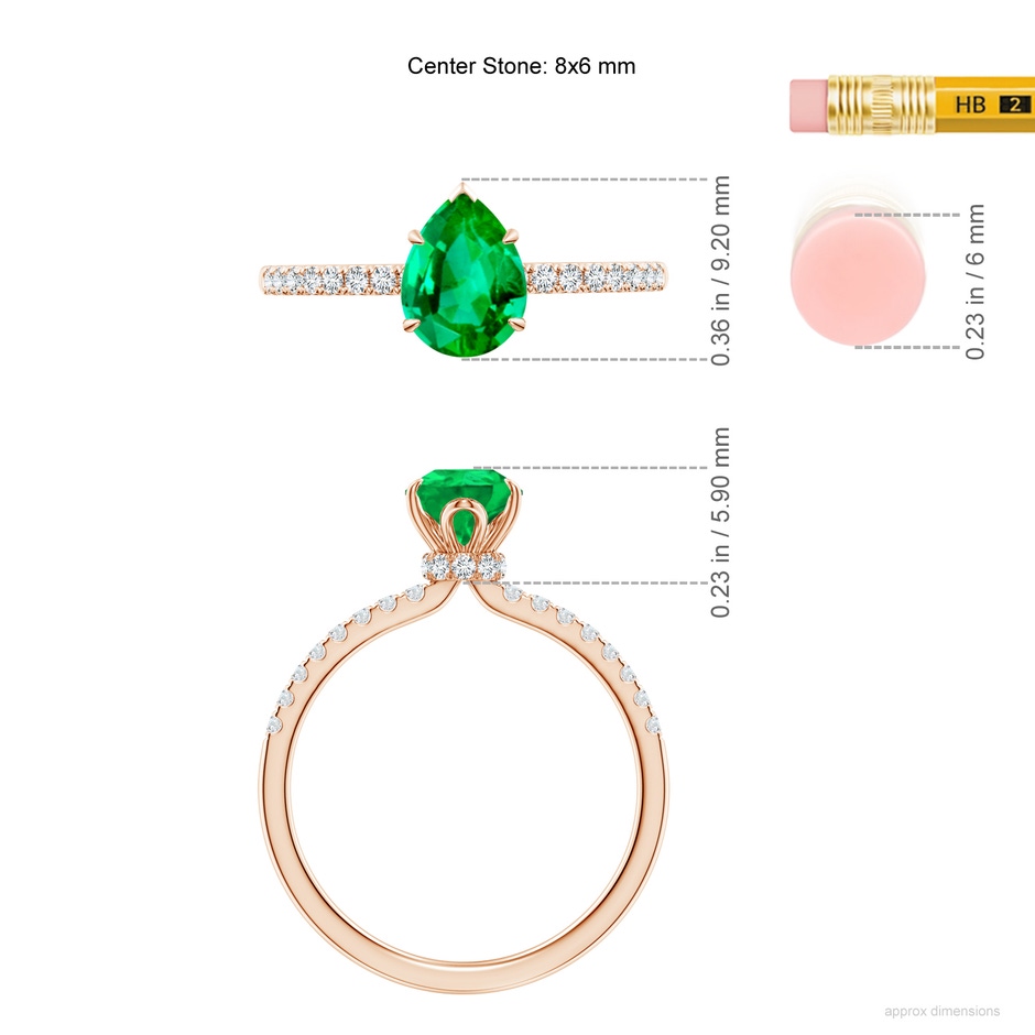 8x6mm AAA Pear-Shaped Emerald Hidden Halo Engagement Ring in Rose Gold ruler