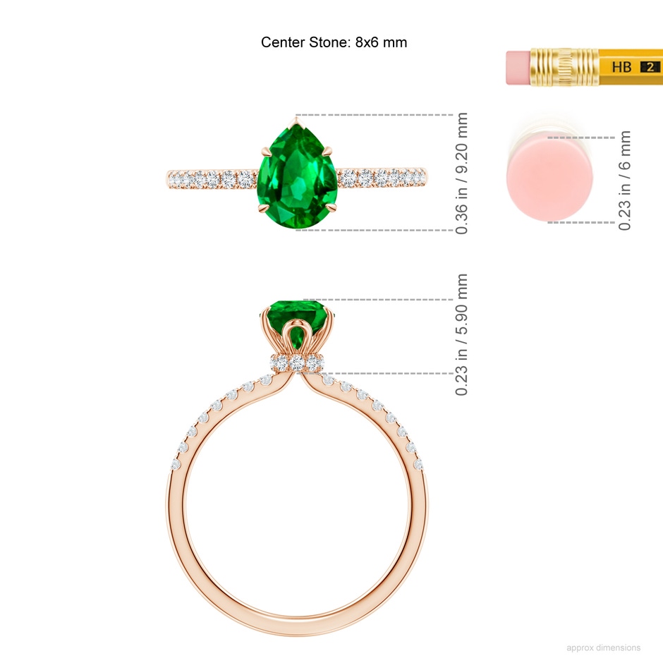 8x6mm AAAA Pear-Shaped Emerald Hidden Halo Engagement Ring in Rose Gold ruler