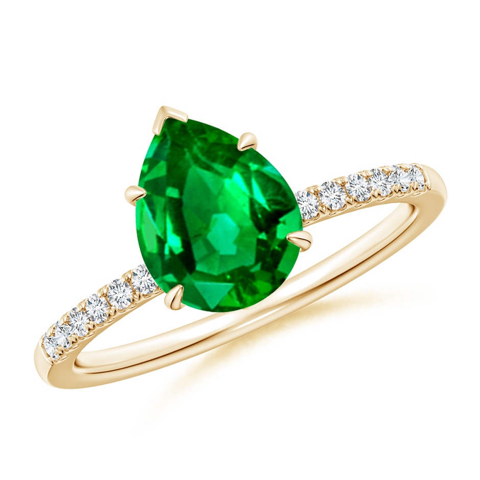 9x7mm AAAA Pear-Shaped Emerald Hidden Halo Engagement Ring in Yellow Gold 