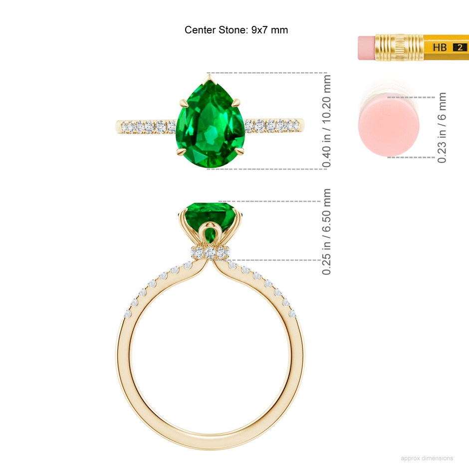 9x7mm AAAA Pear-Shaped Emerald Hidden Halo Engagement Ring in Yellow Gold ruler