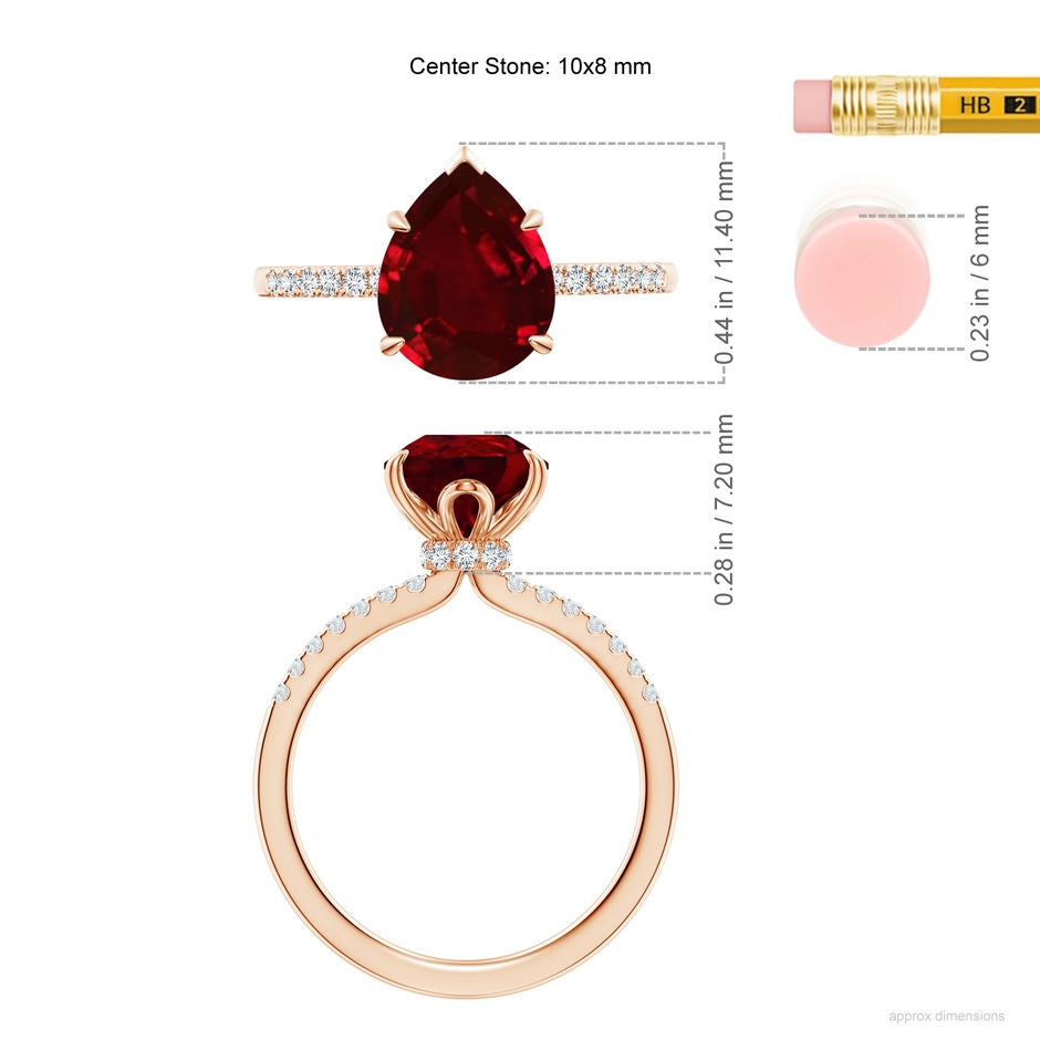 10x8mm AAAA Pear-Shaped Ruby Hidden Halo Engagement Ring in 18K Rose Gold ruler