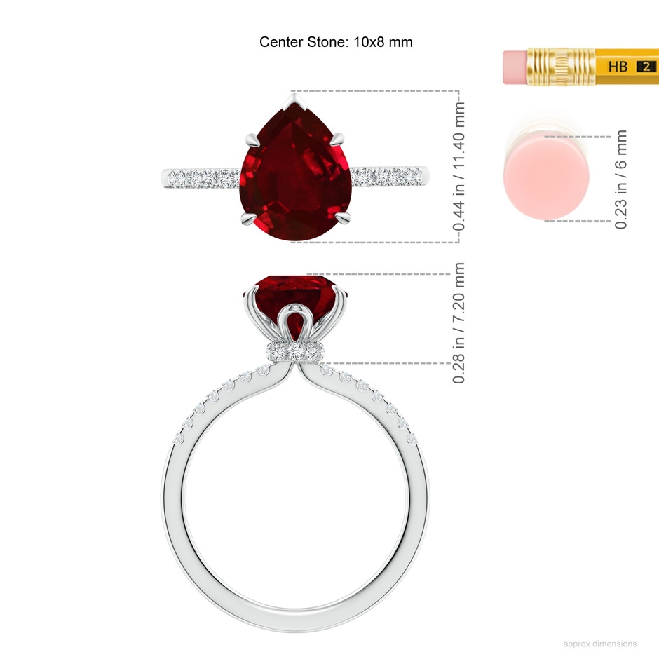 10x8mm AAAA Pear-Shaped Ruby Hidden Halo Engagement Ring in White Gold ruler