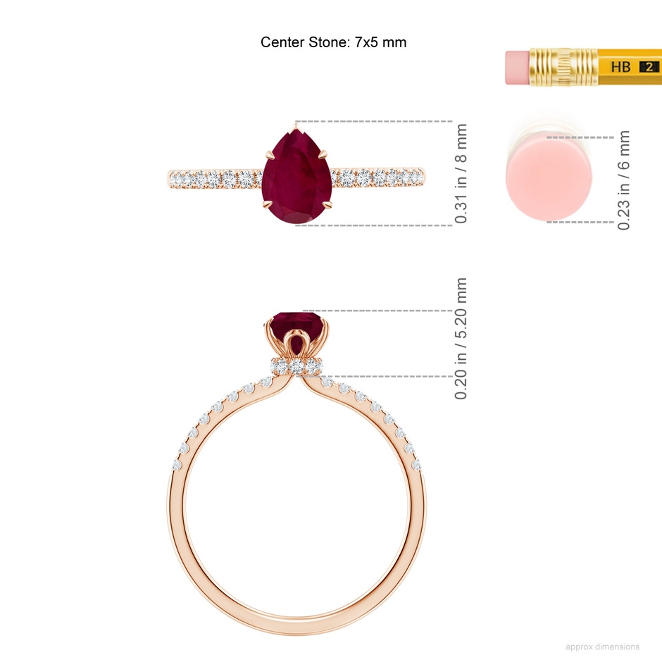 7x5mm A Pear-Shaped Ruby Hidden Halo Engagement Ring in Rose Gold ruler