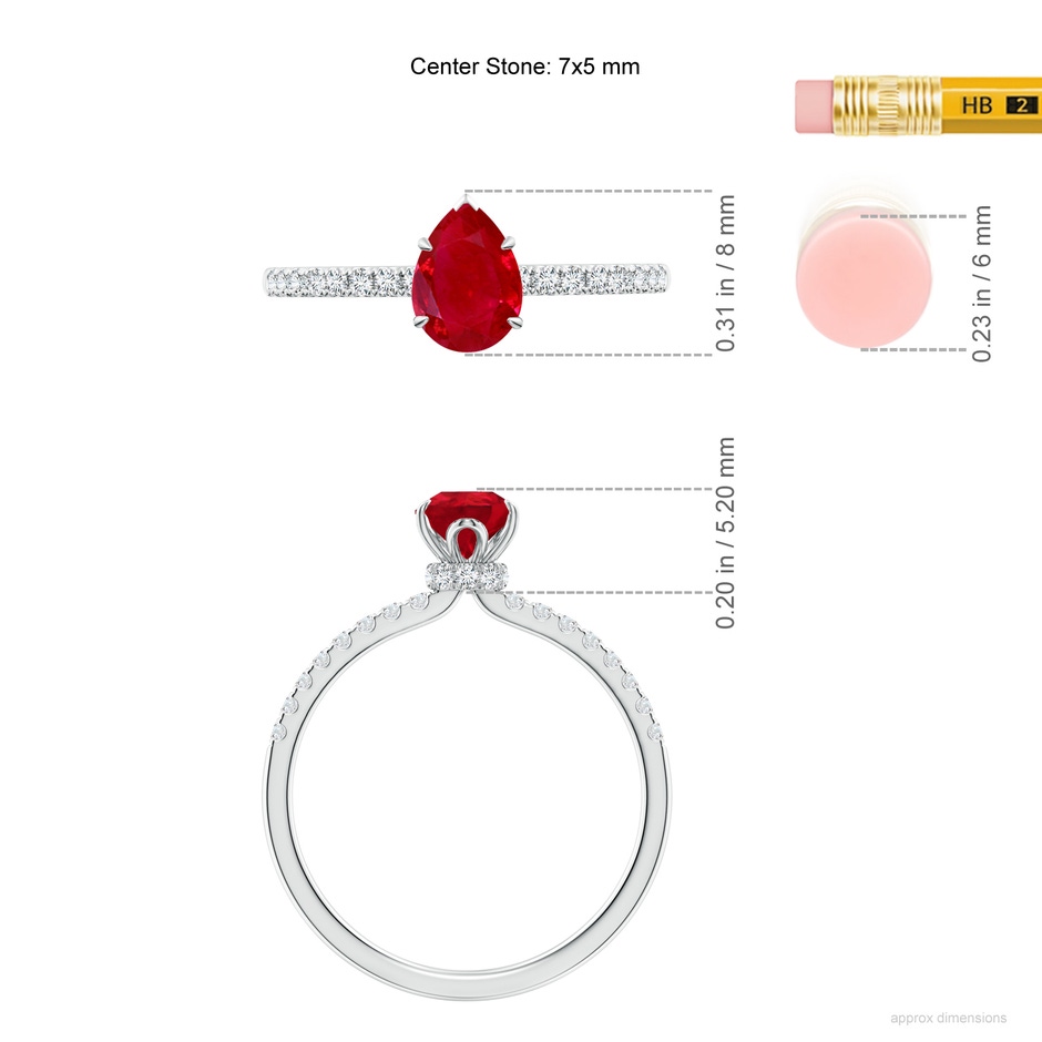 7x5mm AAA Pear-Shaped Ruby Hidden Halo Engagement Ring in White Gold ruler