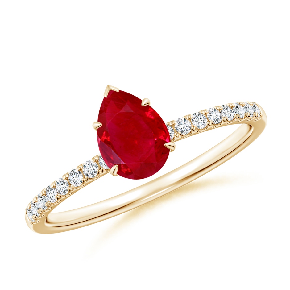 7x5mm AAA Pear-Shaped Ruby Hidden Halo Engagement Ring in Yellow Gold 