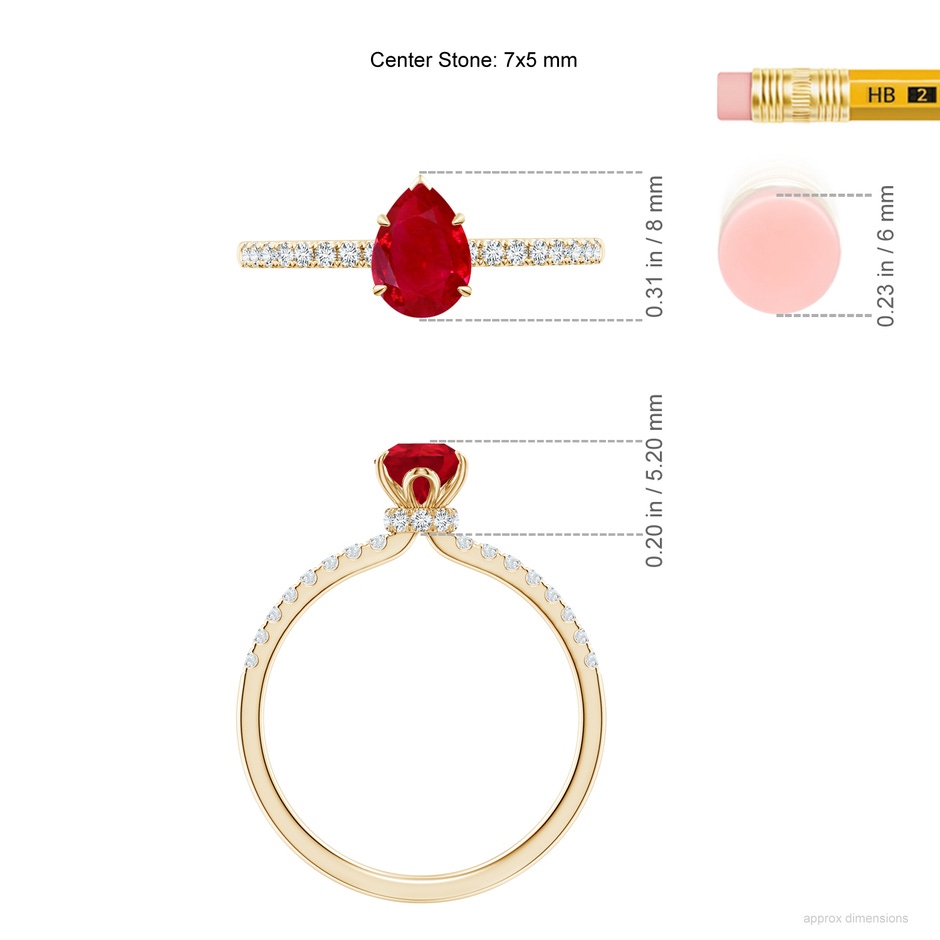 7x5mm AAA Pear-Shaped Ruby Hidden Halo Engagement Ring in Yellow Gold ruler