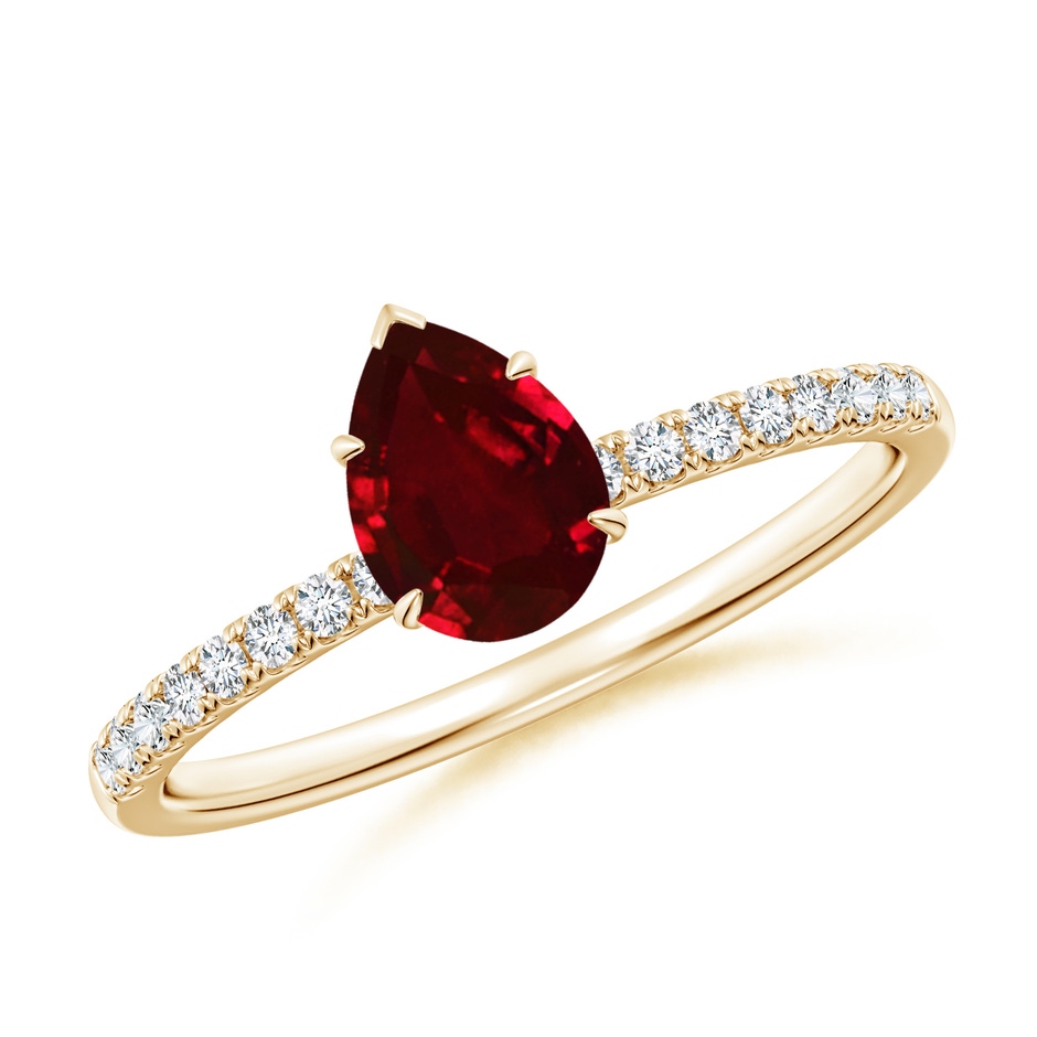 7x5mm AAAA Pear-Shaped Ruby Hidden Halo Engagement Ring in Yellow Gold 