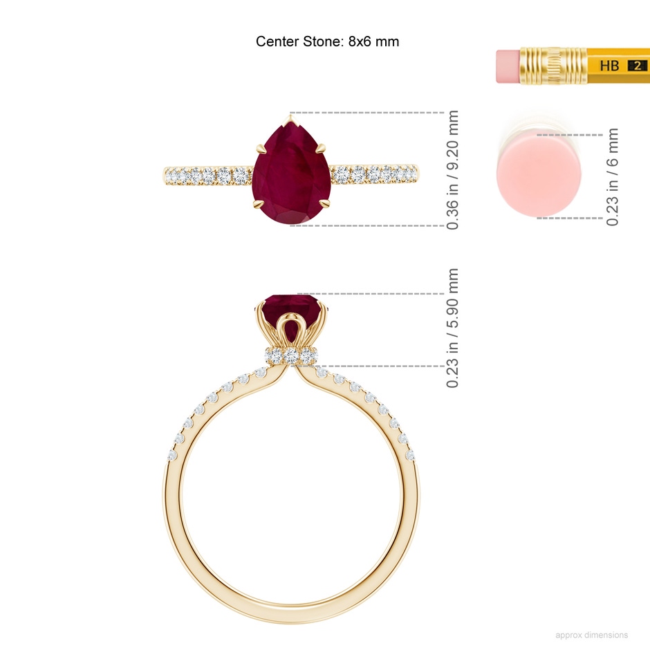 8x6mm A Pear-Shaped Ruby Hidden Halo Engagement Ring in Yellow Gold ruler