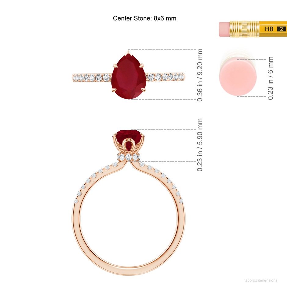 8x6mm AA Pear-Shaped Ruby Hidden Halo Engagement Ring in Rose Gold ruler