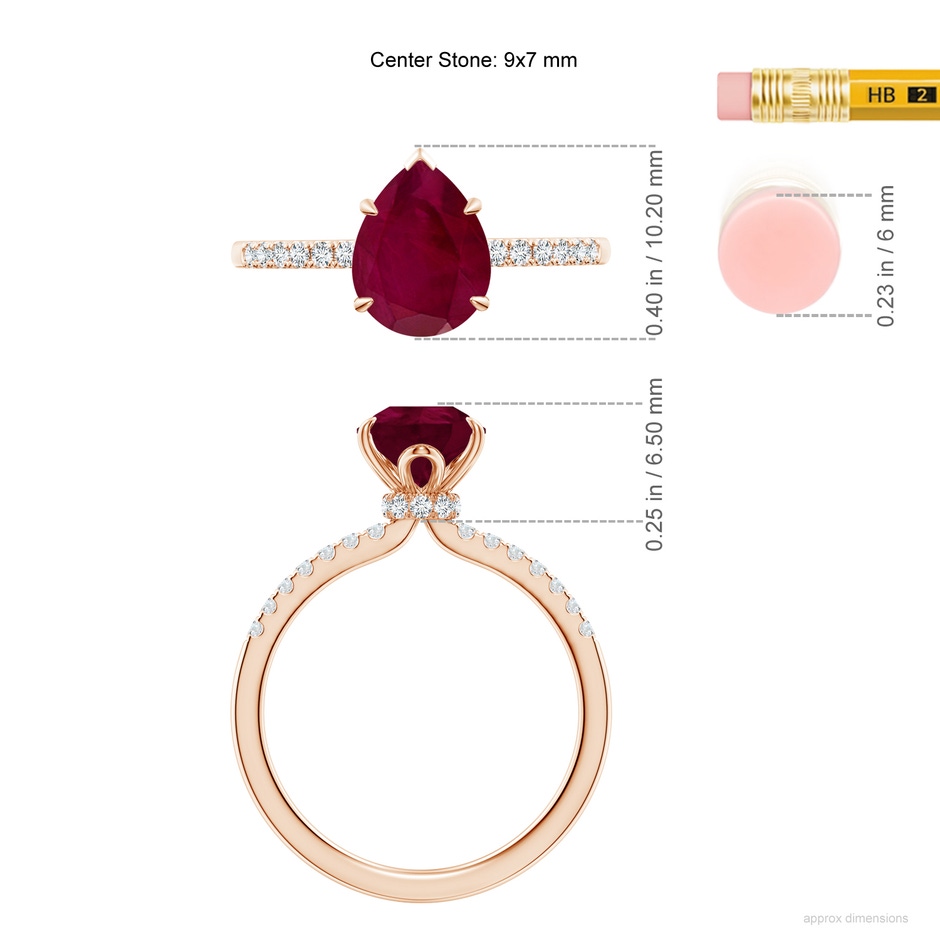 9x7mm A Pear-Shaped Ruby Hidden Halo Engagement Ring in 18K Rose Gold ruler