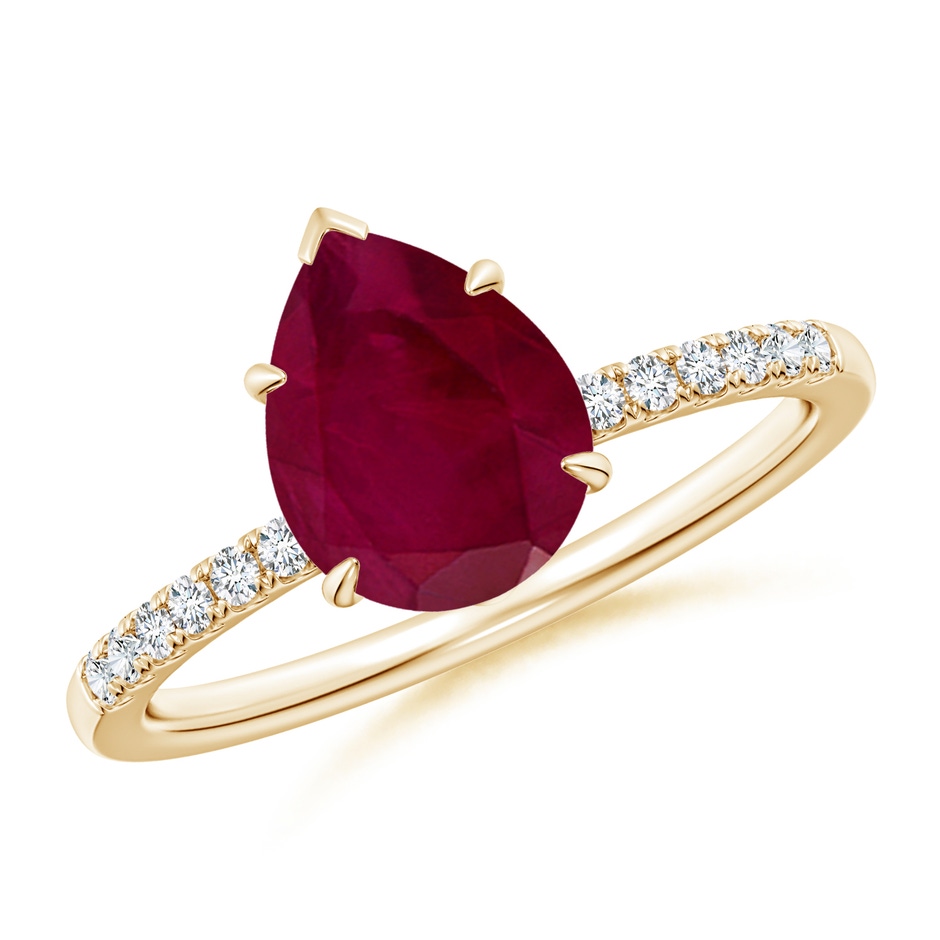 9x7mm A Pear-Shaped Ruby Hidden Halo Engagement Ring in Yellow Gold 