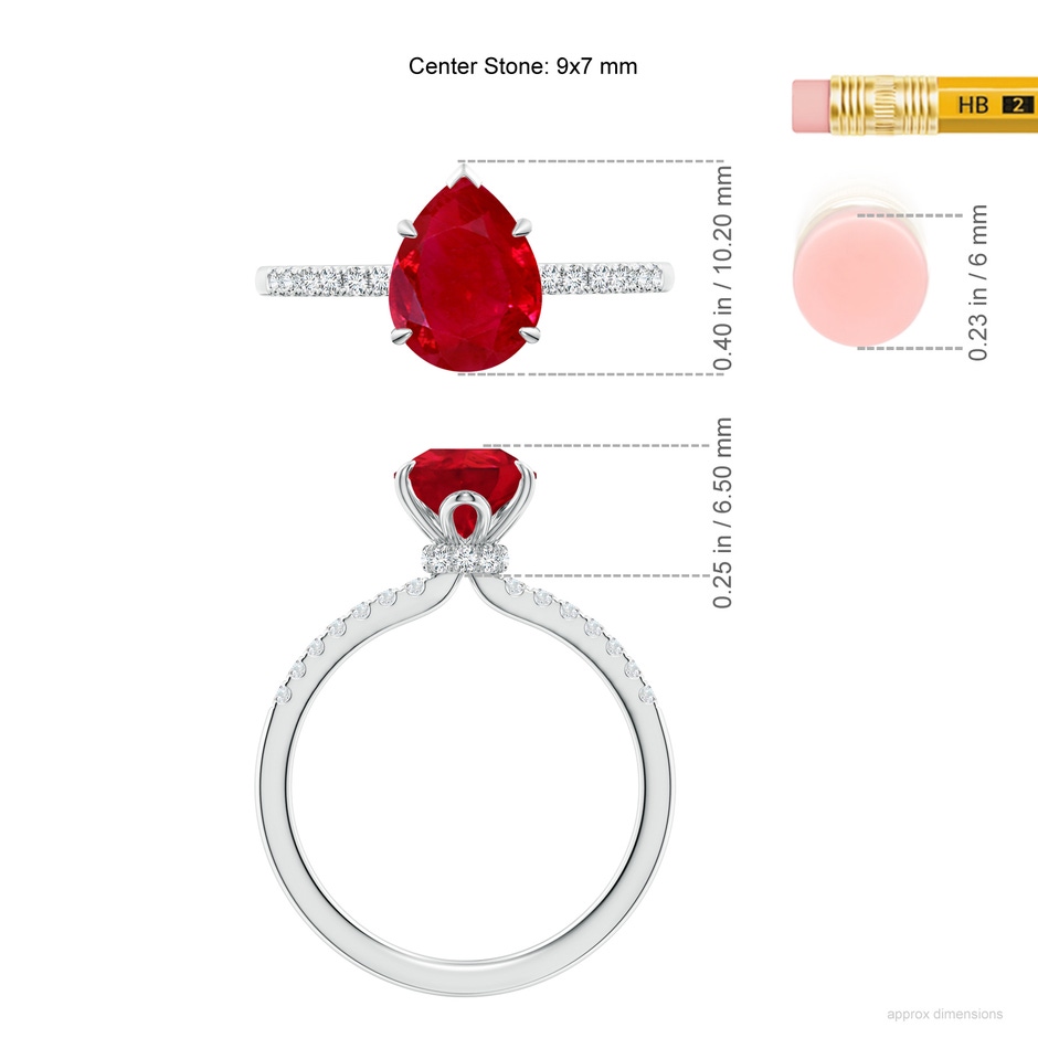 9x7mm AAA Pear-Shaped Ruby Hidden Halo Engagement Ring in White Gold ruler