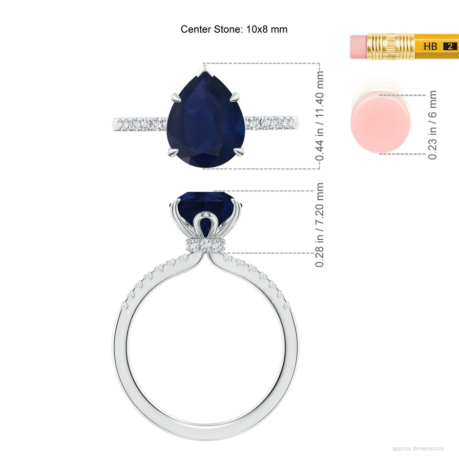 10x8mm A Pear-Shaped Blue Sapphire Hidden Halo Engagement Ring in White Gold ruler