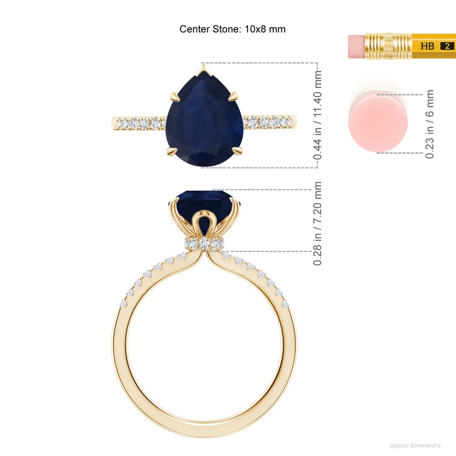 10x8mm A Pear-Shaped Blue Sapphire Hidden Halo Engagement Ring in Yellow Gold ruler