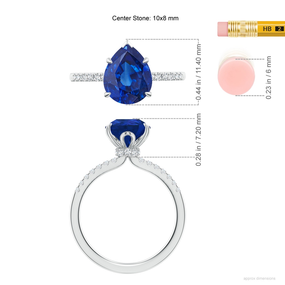10x8mm AAA Pear-Shaped Blue Sapphire Hidden Halo Engagement Ring in P950 Platinum ruler