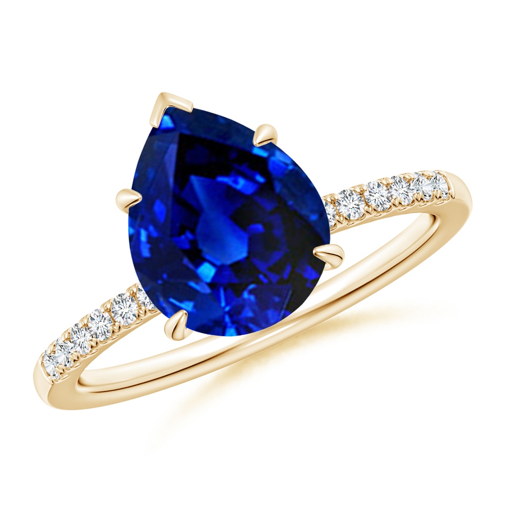 10x8mm Lab-Grown Pear-Shaped Blue Sapphire Hidden Halo Engagement Ring in Yellow Gold