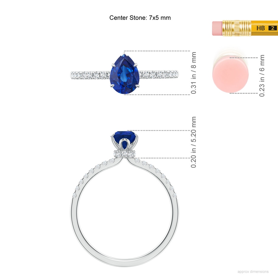 7x5mm AAA Pear-Shaped Blue Sapphire Hidden Halo Engagement Ring in White Gold ruler