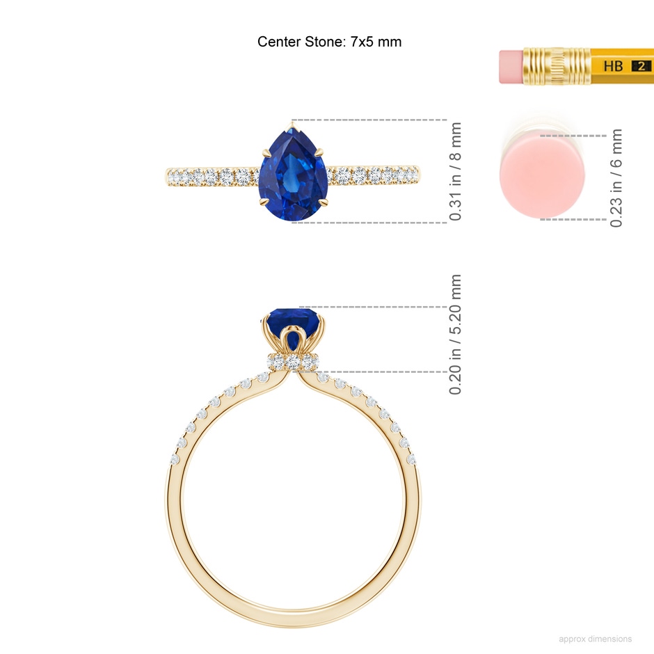 7x5mm AAA Pear-Shaped Blue Sapphire Hidden Halo Engagement Ring in Yellow Gold ruler