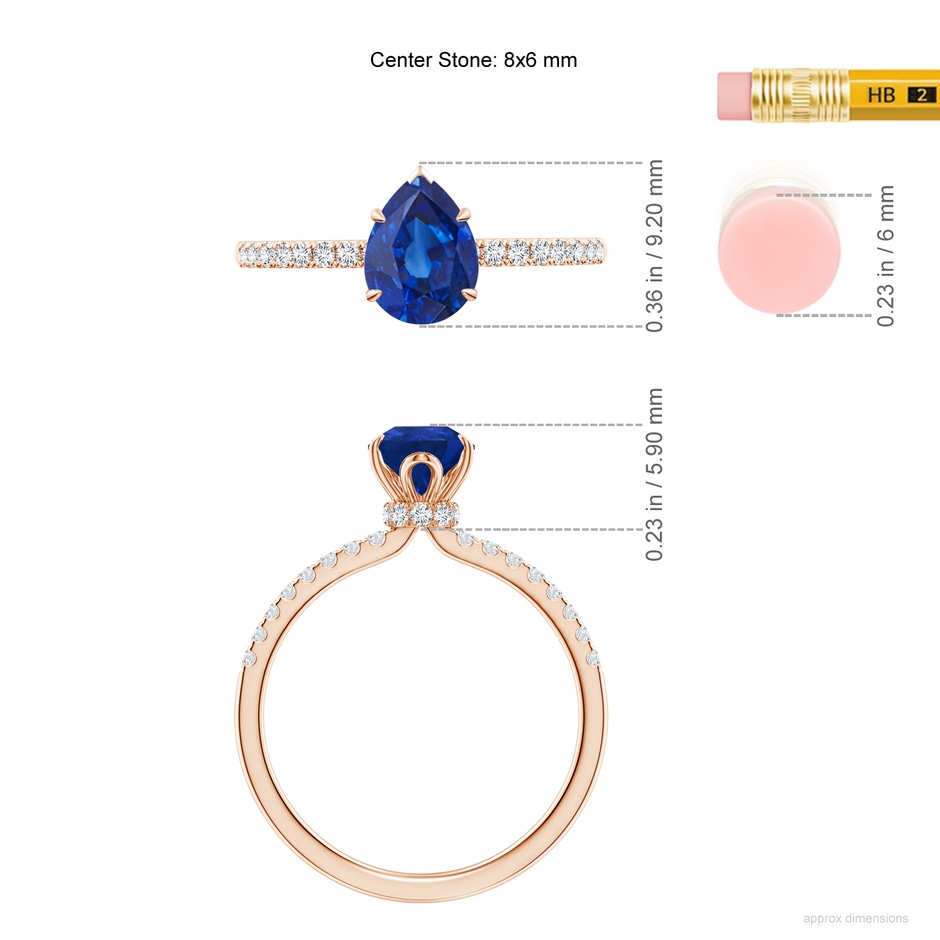 8x6mm AAA Pear-Shaped Blue Sapphire Hidden Halo Engagement Ring in Rose Gold ruler