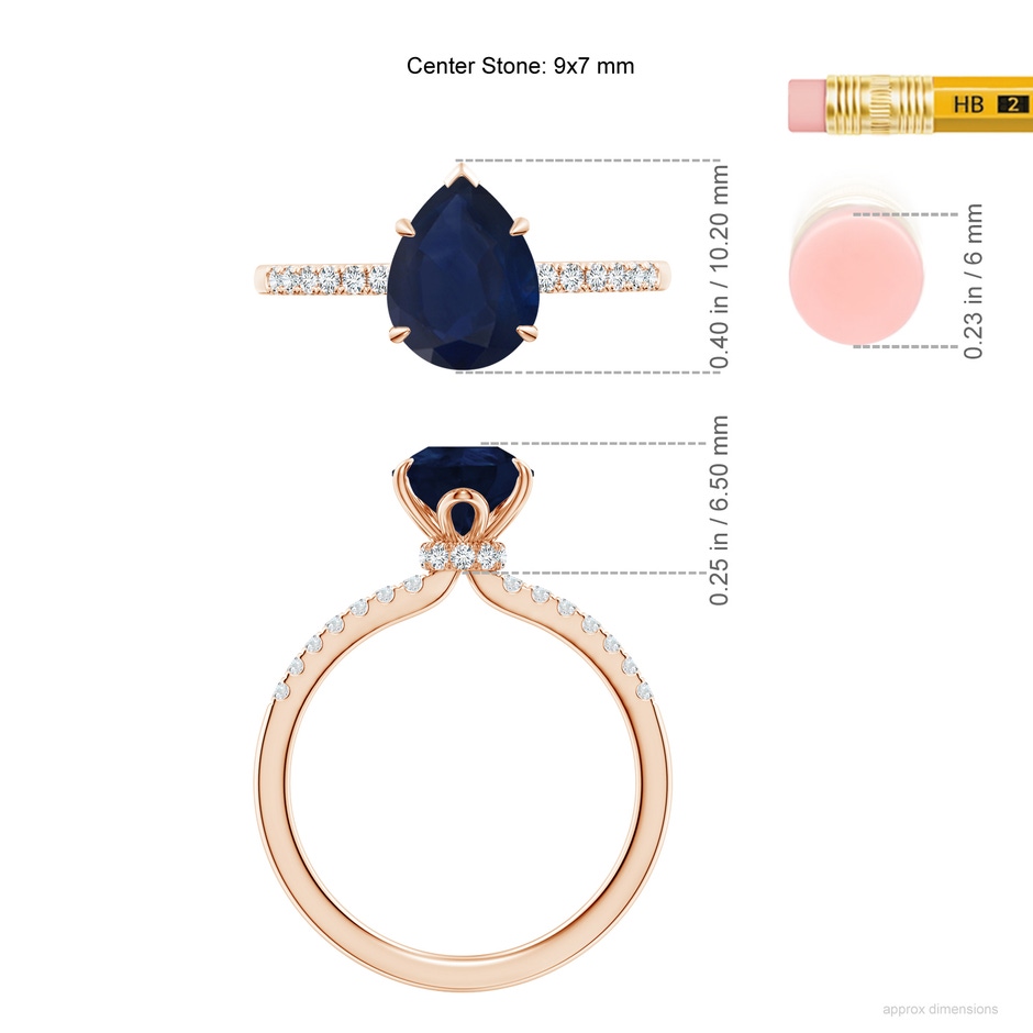 9x7mm A Pear-Shaped Blue Sapphire Hidden Halo Engagement Ring in Rose Gold ruler
